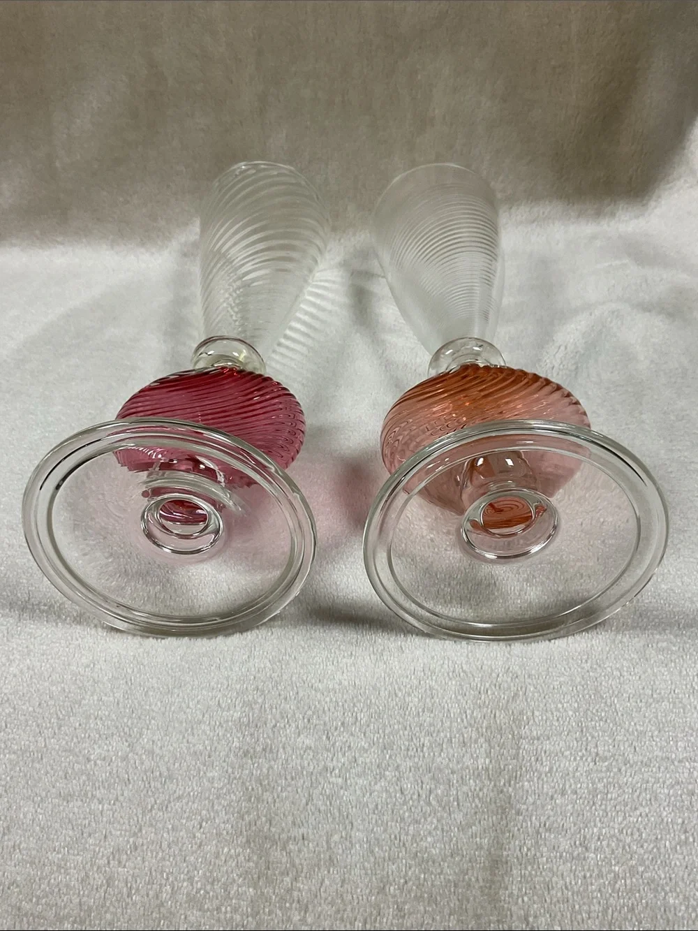 Handblown Glass Champagne Flutes with Pink and Coral Orb Stem